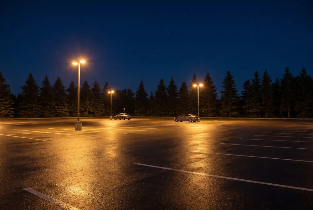 Illustration: a quiet parking lot at night after rain, with tall lamps reflected in the wet asphalt and spruce trees at the edge.